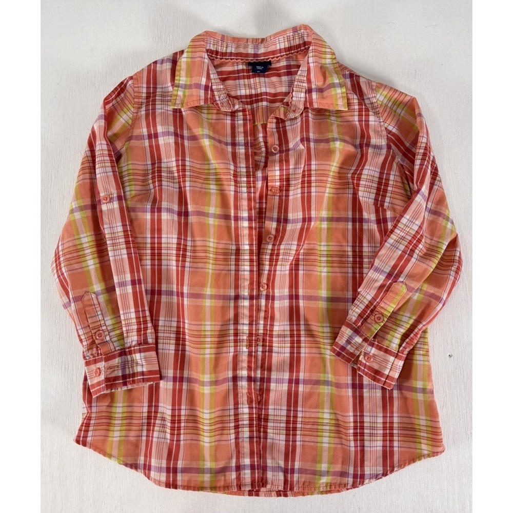 Basic Editions COASTAL Orange Pink Gingham Plaid 3/4 Sleeve Shirt Blouse Size S